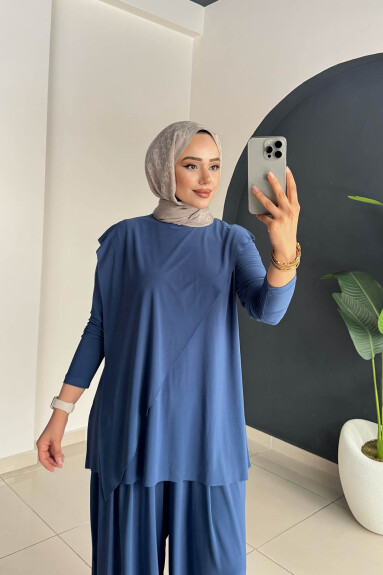 ASİMETRİK PANTOLONLU TAKIM 4214 İNDİGO - 3
