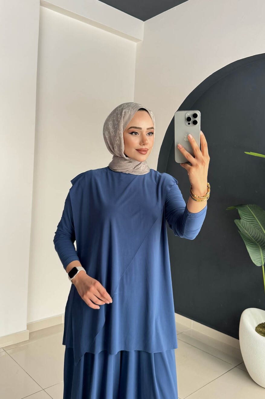 ASİMETRİK PANTOLONLU TAKIM 4214 İNDİGO - 4