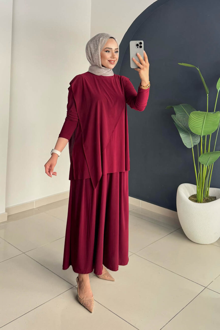 ASİMETRİK PANTOLONLU TAKIM 4214 BORDO - 1
