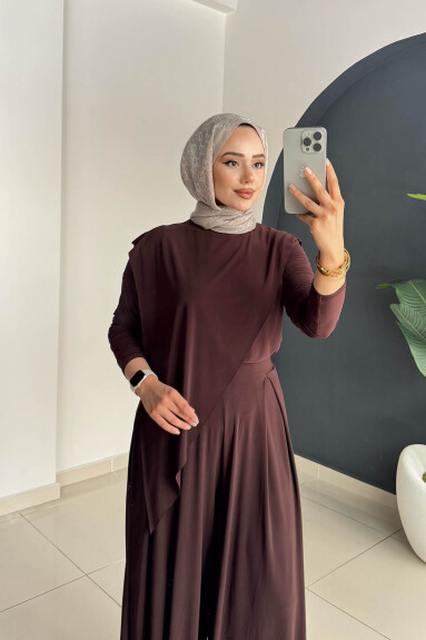ASİMETRİK PANTOLONLU TAKIM 4214 KAHVE - 4