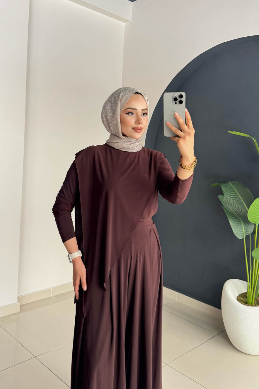 ASİMETRİK PANTOLONLU TAKIM 4214 KAHVE - 3