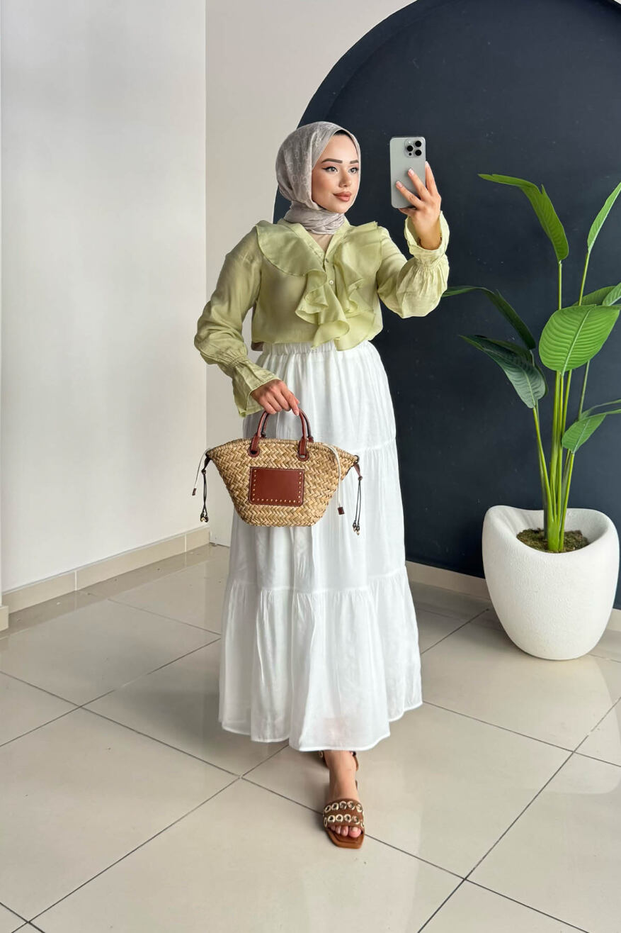  Beli Lastikli Kat Kat Uzun Etek 5213 - Beyaz - 1