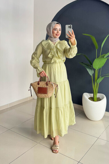 Beli Lastikli Kat Kat Uzun Etek 5213 - Yeşil - 1