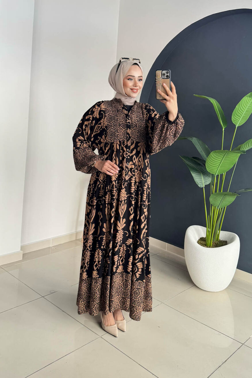 Desenli Elbise 3001 Kahve - 1