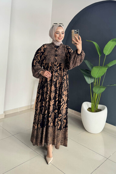 Desenli Elbise 3001 Kahve - 2