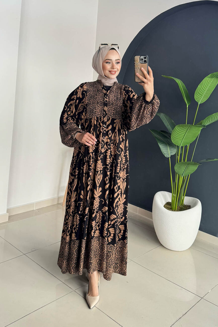 Desenli Elbise 3001 Kahve - 2