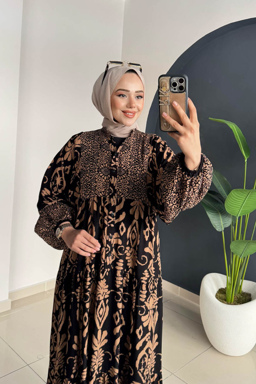 Desenli Elbise 3001 Kahve - 3