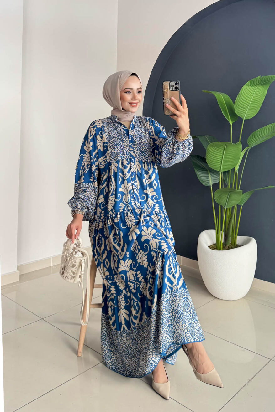 Desenli Elbise 3001 Saks - 2