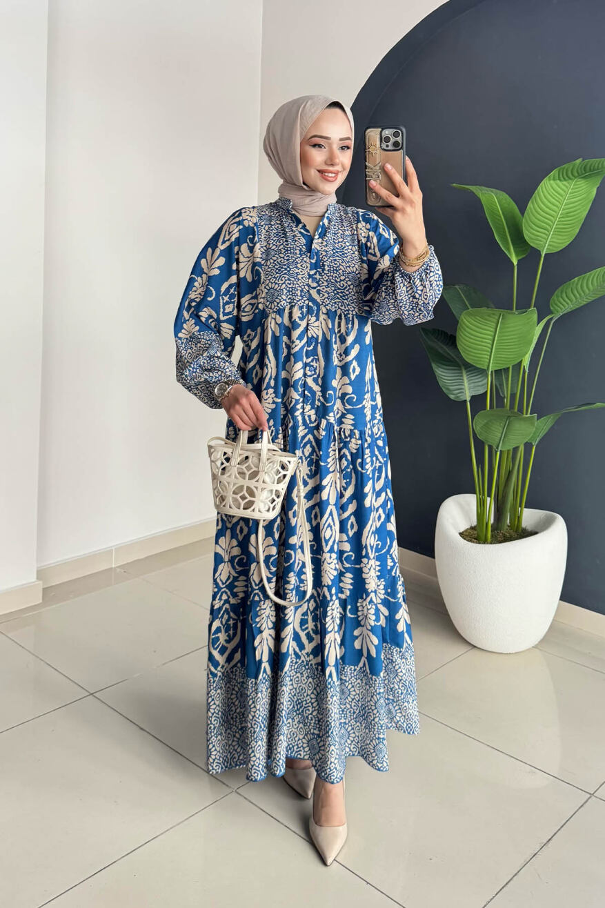 Desenli Elbise 3001 Saks - 1