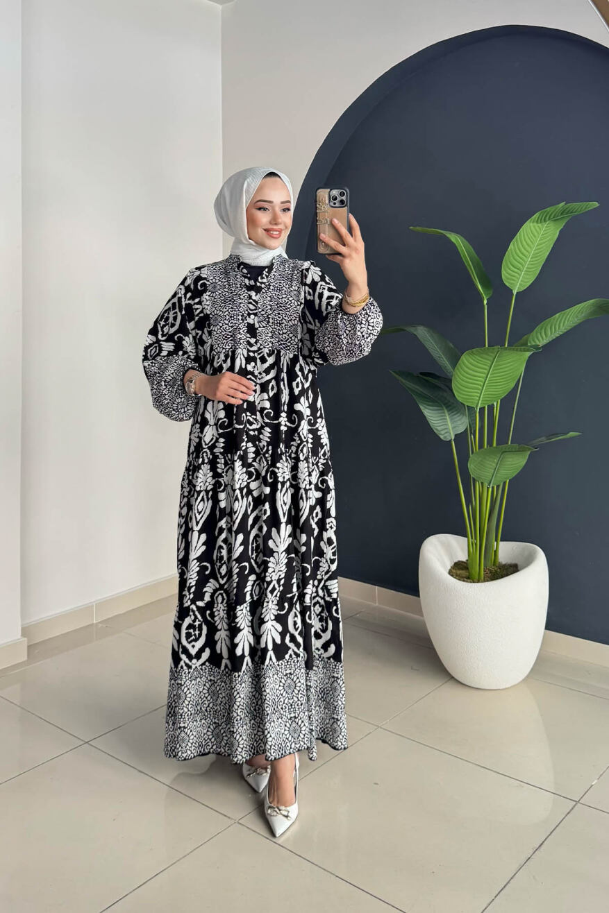 Desenli Elbise 3001 Siyah - 1