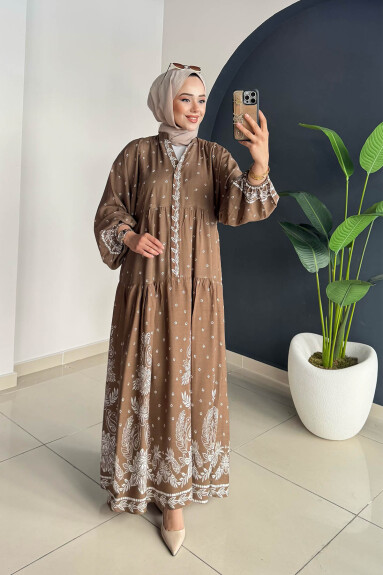 Desenli Elbise 3006 Kahve 