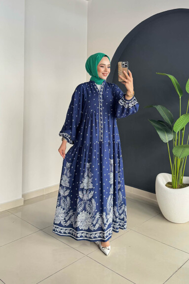 Desenli Elbise 3006 Lacivert-Beyaz 