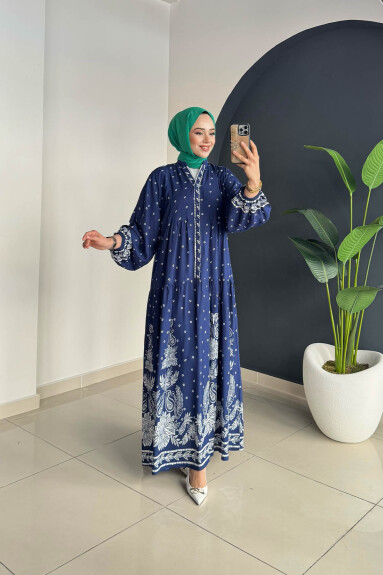 Desenli Elbise 3006 Lacivert-Beyaz - 3