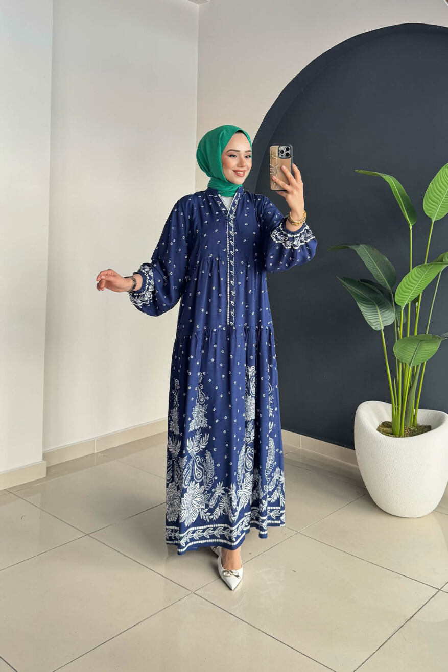 Desenli Elbise 3006 Lacivert-Beyaz - 3