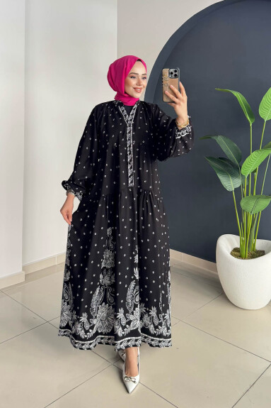 Desenli Elbise 3006 Siyah-Beyaz - 2