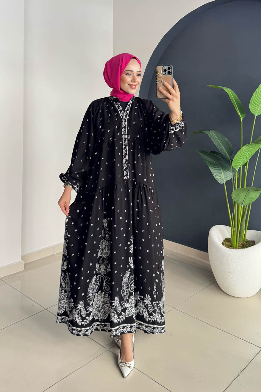 Desenli Elbise 3006 Siyah-Beyaz - 2