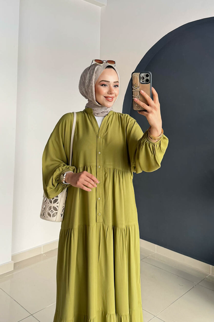 Düz Kat Kat Elbise 2061 Yağ Yeşili - 1