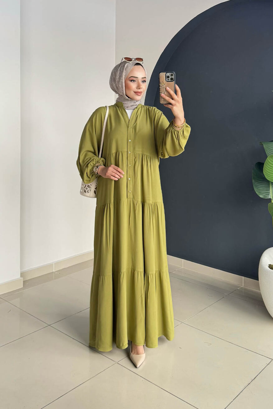 Düz Kat Kat Elbise 2061 Yağ Yeşili - 2