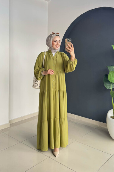 Düz Kat Kat Elbise 2061 Yağ Yeşili - 3