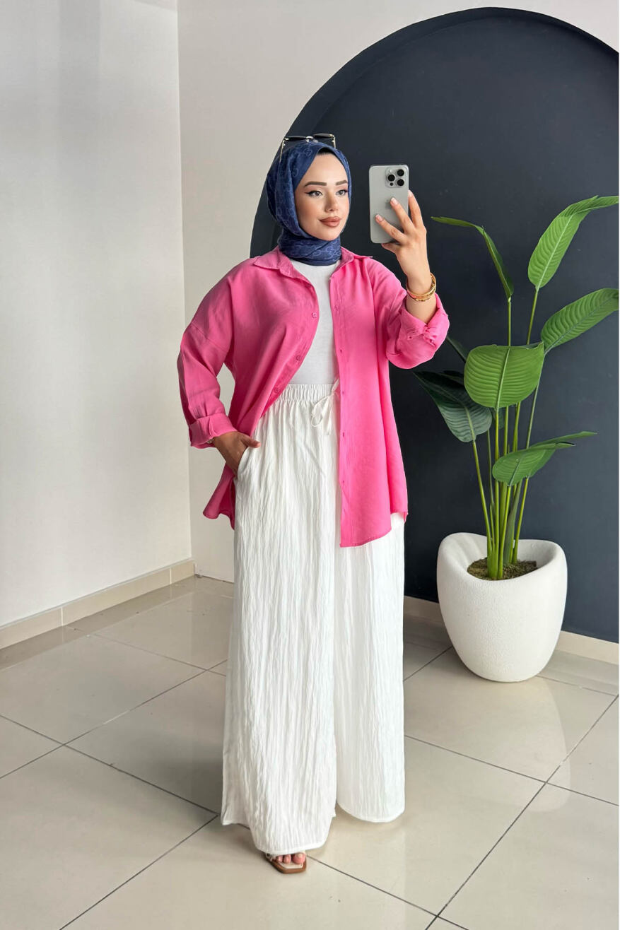 Kraşlı Beli Lastikli Modal Geniş Paça Palazzo Pantolon 8846 - Beyaz - 1
