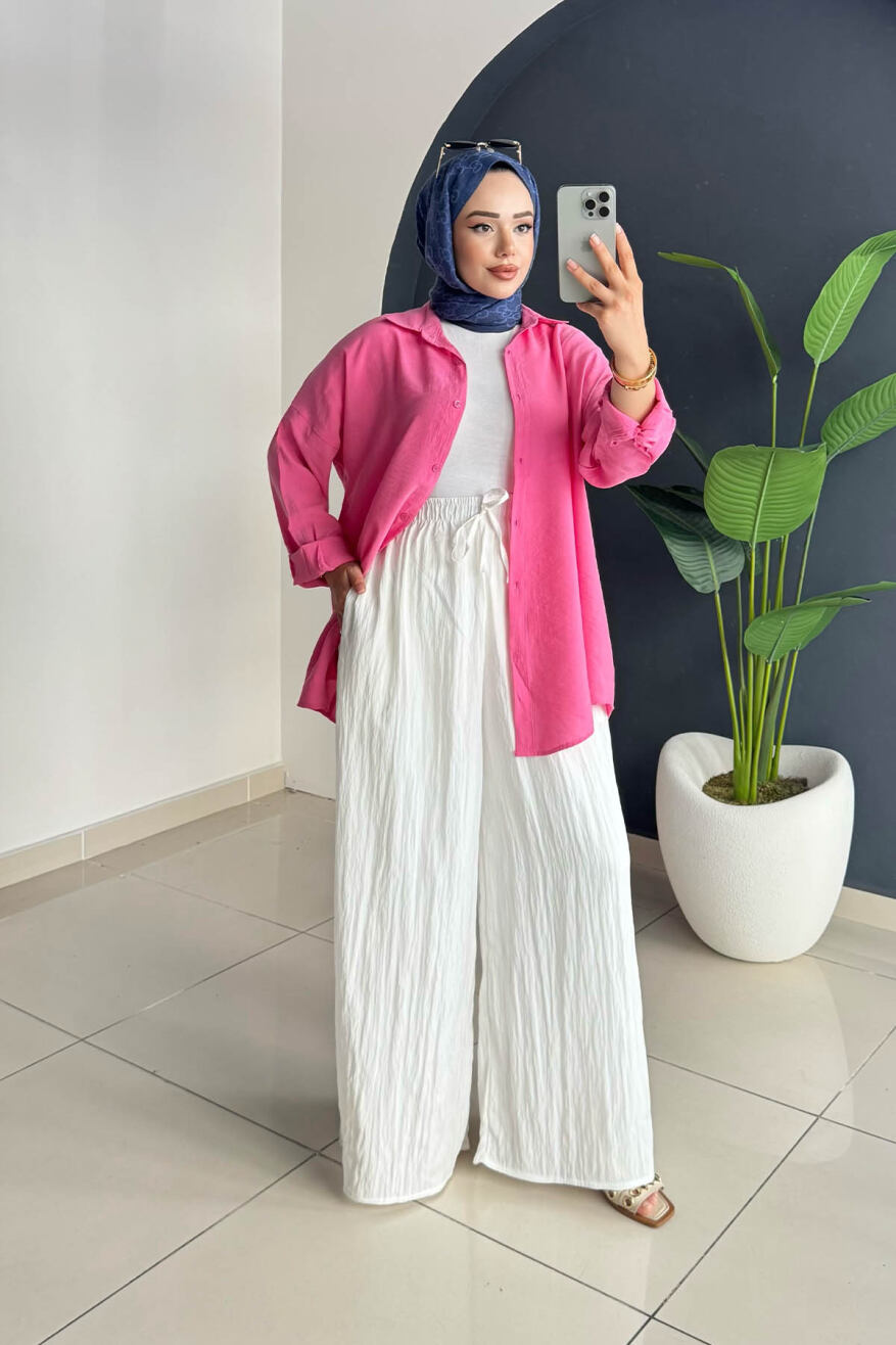 Kraşlı Beli Lastikli Modal Geniş Paça Palazzo Pantolon 8846 - Beyaz - 2