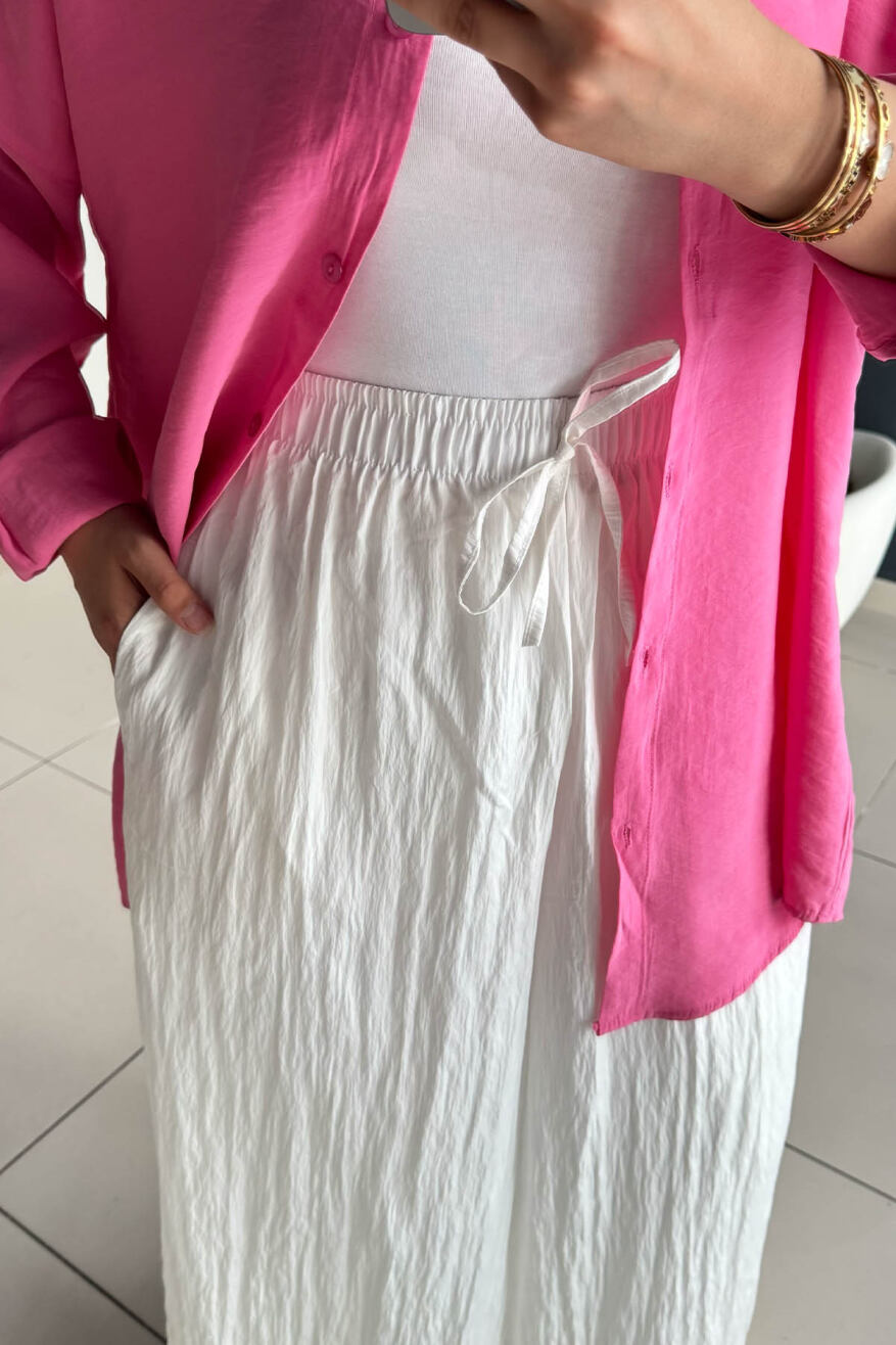 Kraşlı Beli Lastikli Modal Geniş Paça Palazzo Pantolon 8846 - Beyaz - 5