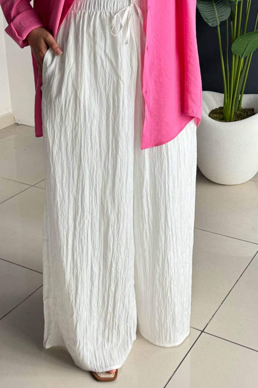 Kraşlı Beli Lastikli Modal Geniş Paça Palazzo Pantolon 8846 - Beyaz - 3