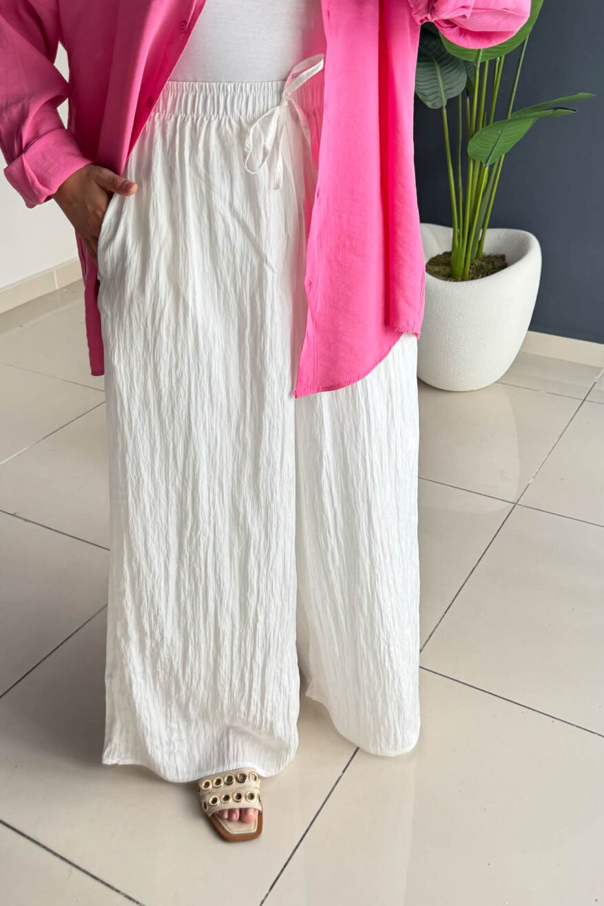 Kraşlı Beli Lastikli Modal Geniş Paça Palazzo Pantolon 8846 - Beyaz - 4