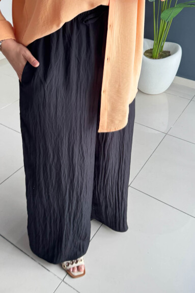 Kraşlı Beli Lastikli Modal Geniş Paça Palazzo Pantolon 8846 - Siyah - 3