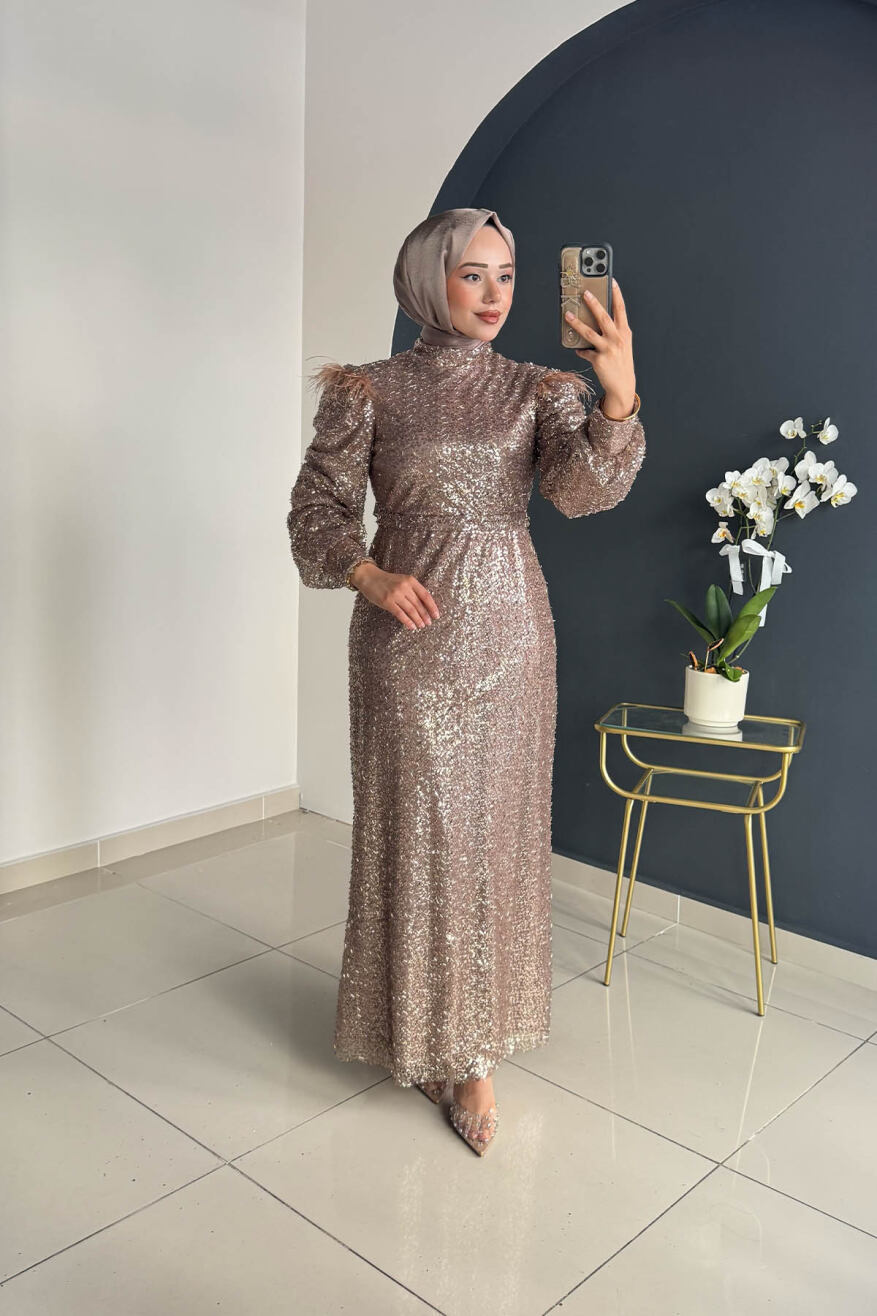 Omuzu Tüy Detaylı Taşlı Abiye 8011 Gold - 2