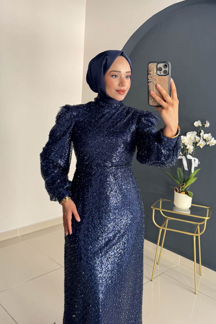 Omuzu Tüy Detaylı Taşlı Abiye 8011 Lacivert - 2