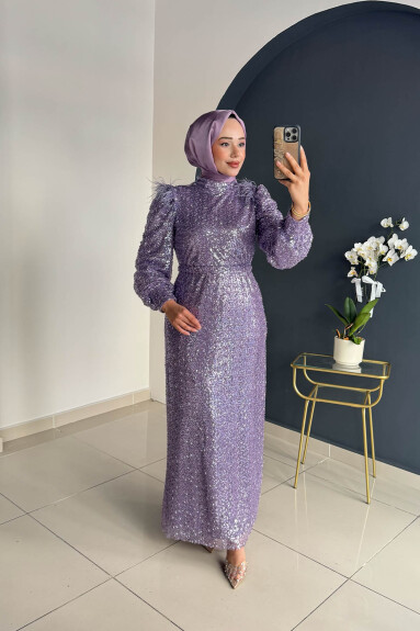 Omuzu Tüy Detaylı Taşlı Abiye 8011 Lila - 2