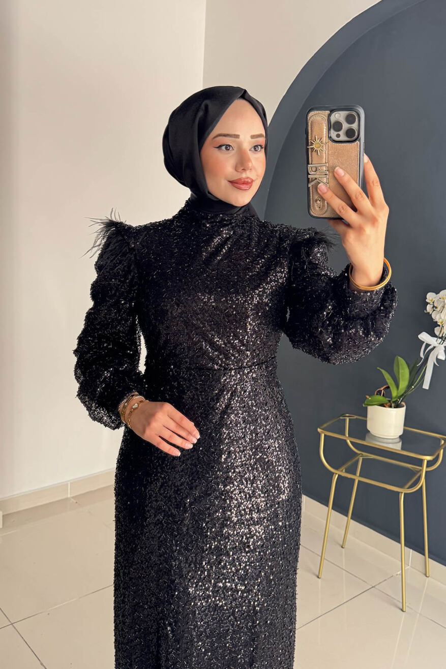 Omuzu Tüy Detaylı Taşlı Abiye 8011 Siyah - 3