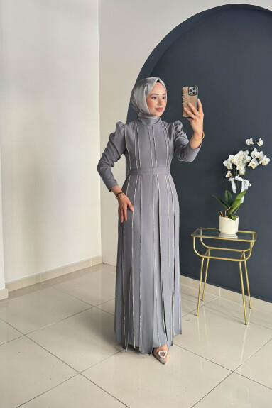 Pırlanta Taşlı Krep Abiye 8003 Gri 