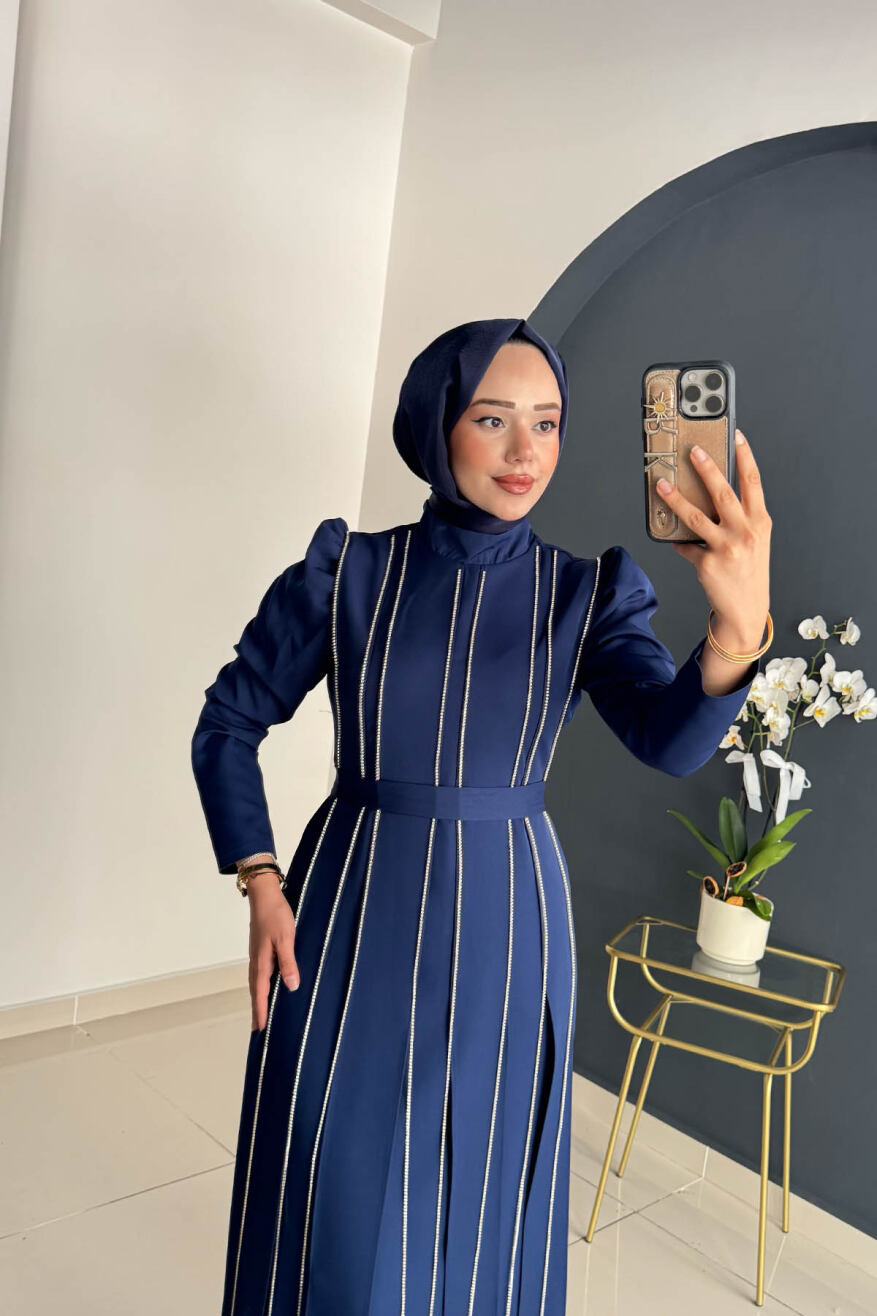 Pırlanta Taşlı Krep Abiye 8003 Lacivert - 3