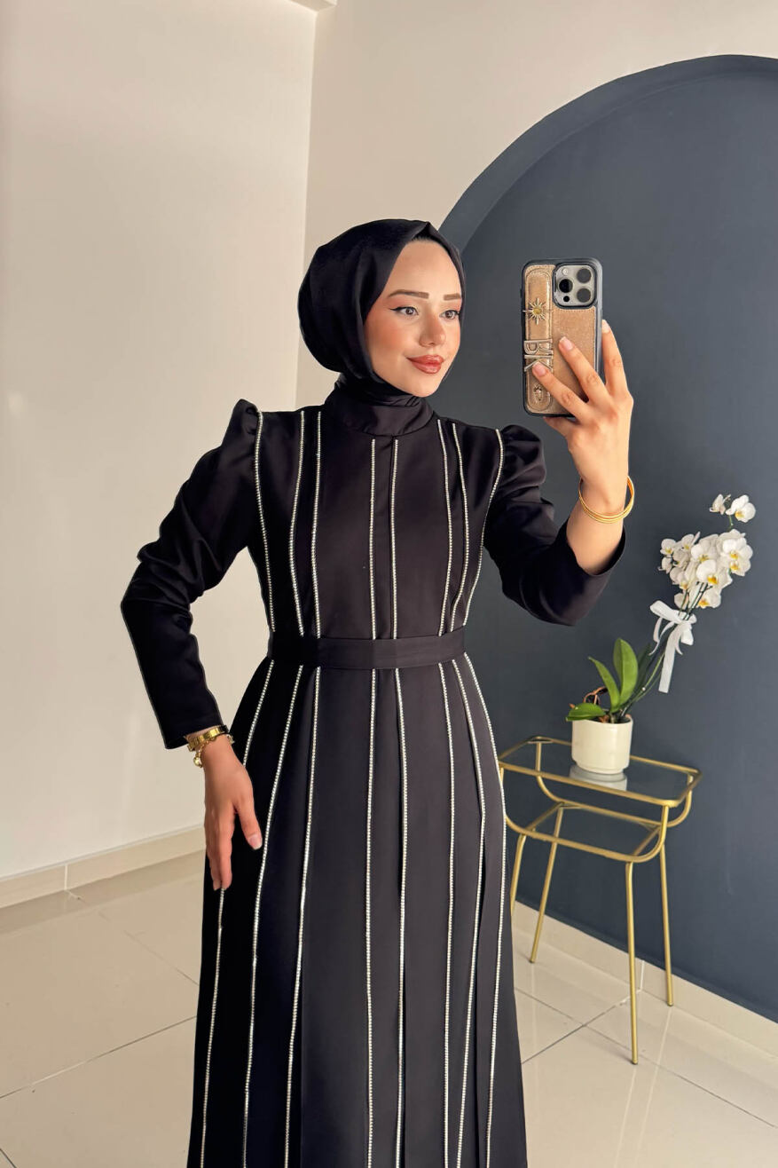 Pırlanta Taşlı Krep Abiye 8003 Siyah - 4