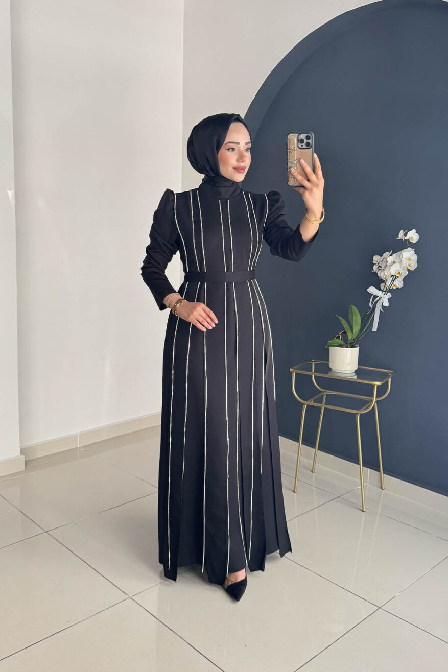 Pırlanta Taşlı Krep Abiye 8003 Siyah - 2