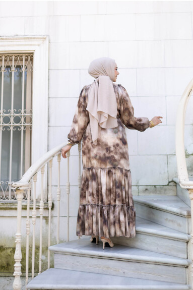 Şifon Desenli Elbise 1000 Kahverengi - 4