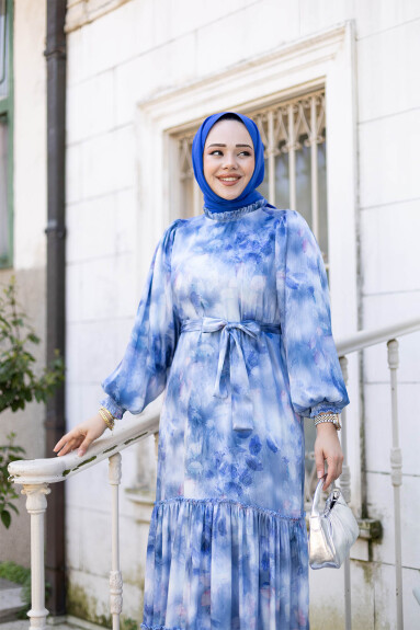 Şifon Desenli Elbise 1000 Mavi - 3