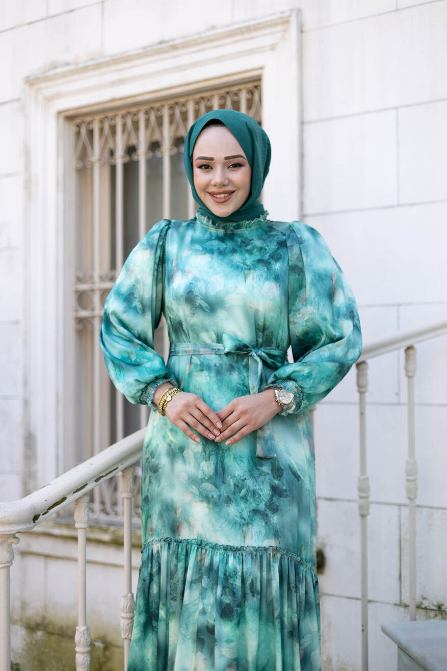 Şifon Desenli Elbise 1000 Yeşil - 3