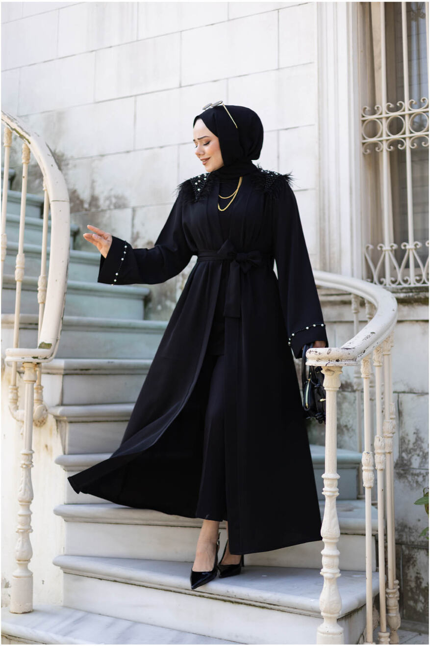 Tüylü Krep Abaya 1001 Siyah - 1