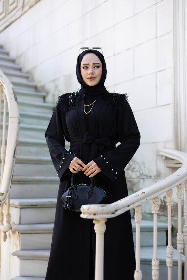 Tüylü Krep Abaya 1001 Siyah - 3