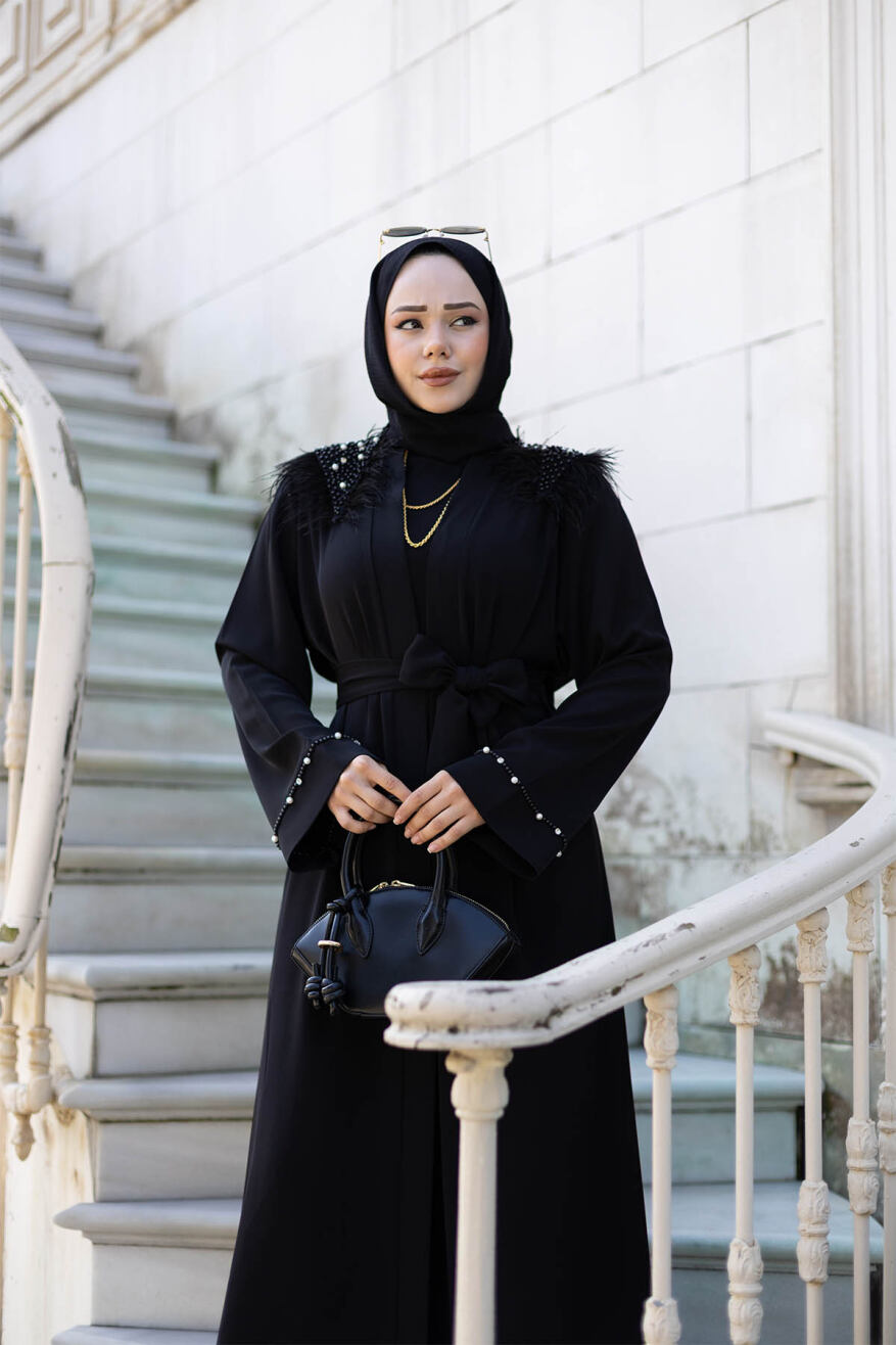 Tüylü Krep Abaya 1001 Siyah - 3