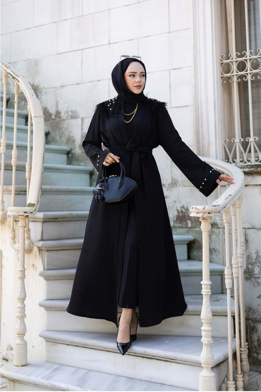 Tüylü Krep Abaya 1001 Siyah - 2