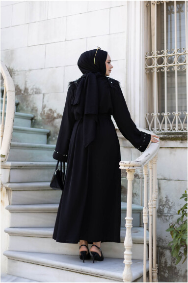Tüylü Krep Abaya 1001 Siyah - 4