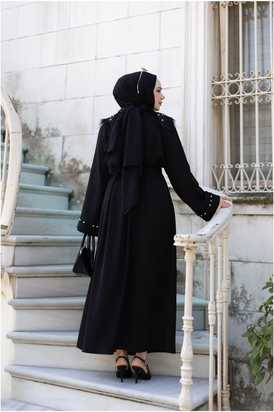Tüylü Krep Abaya 1001 Siyah - 4