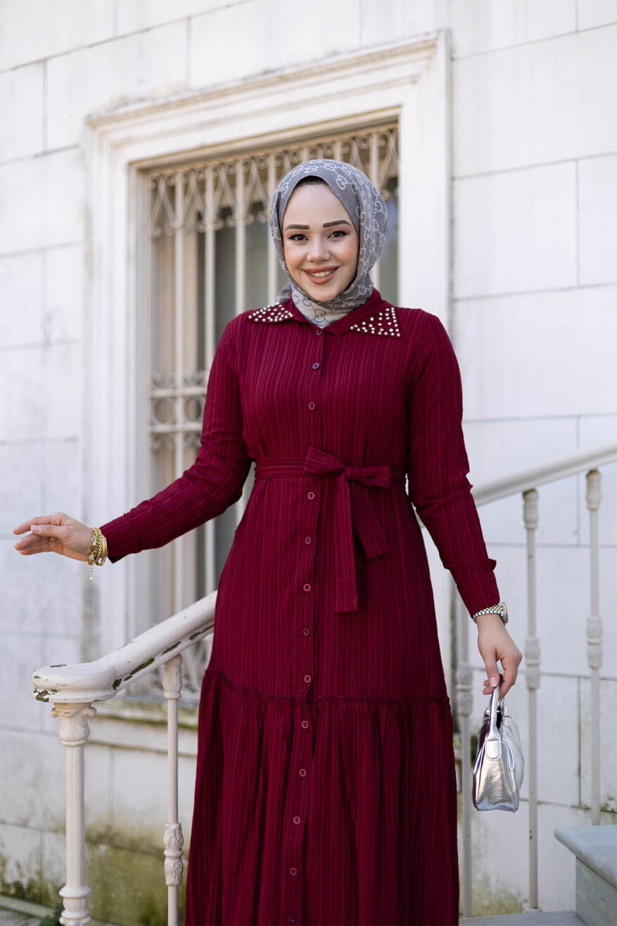 Yakası Taşlı Elbise 1002 Bordo - 3