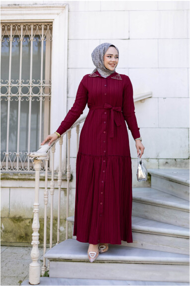 Yakası Taşlı Elbise 1002 Bordo - 2
