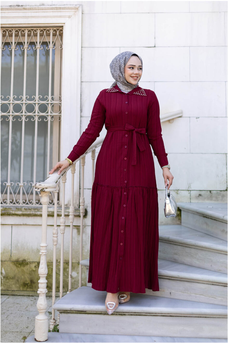 Yakası Taşlı Elbise 1002 Bordo - 2