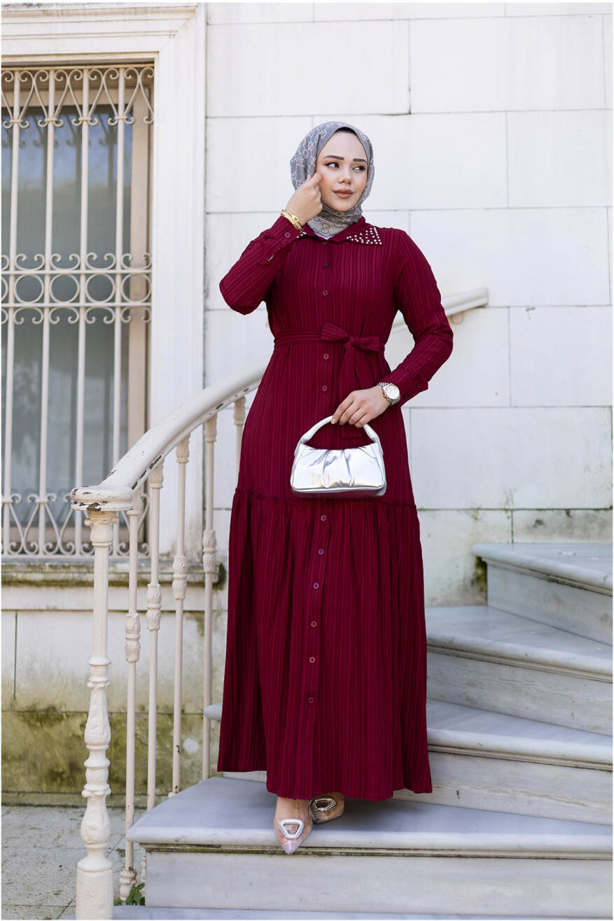 Yakası Taşlı Elbise 1002 Bordo - 1